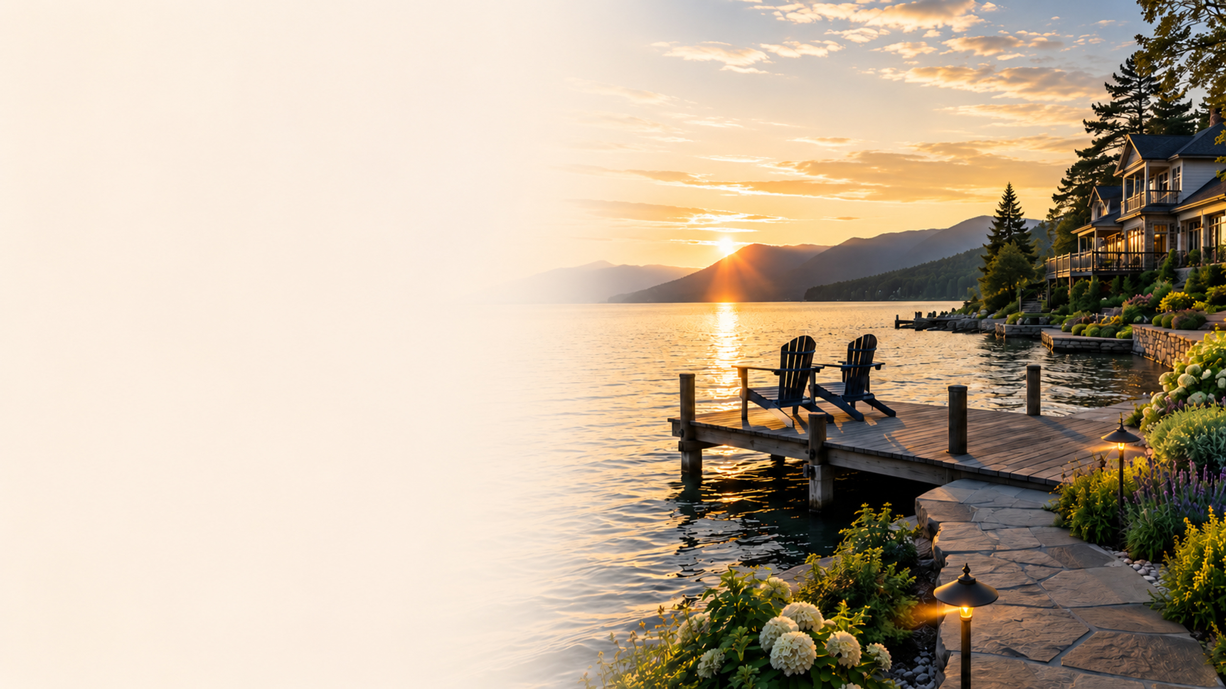 Upscale lakefront setting at sunset